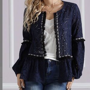 Navy Fringe-Trimmed Eyelet Jacket Size L